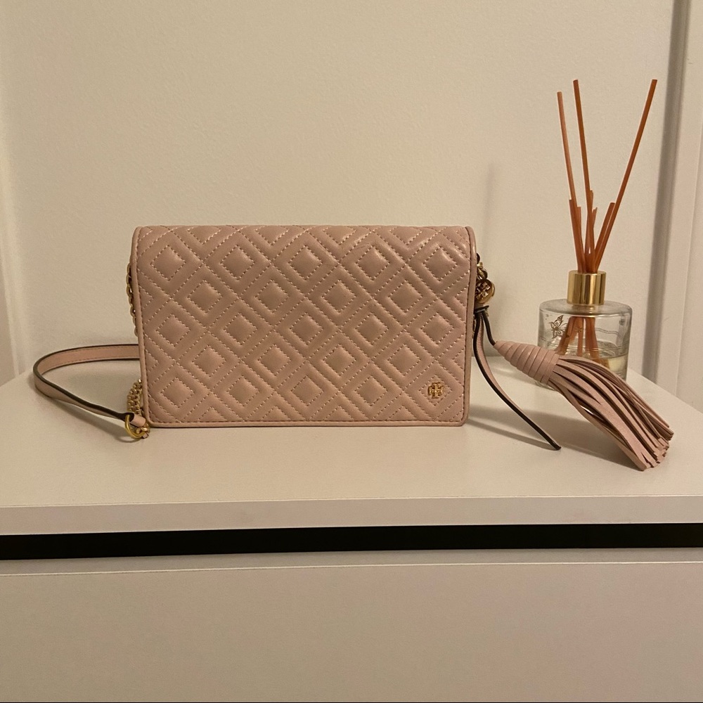 Tory Burch quilted blush crossbody bag with tassel key chain
